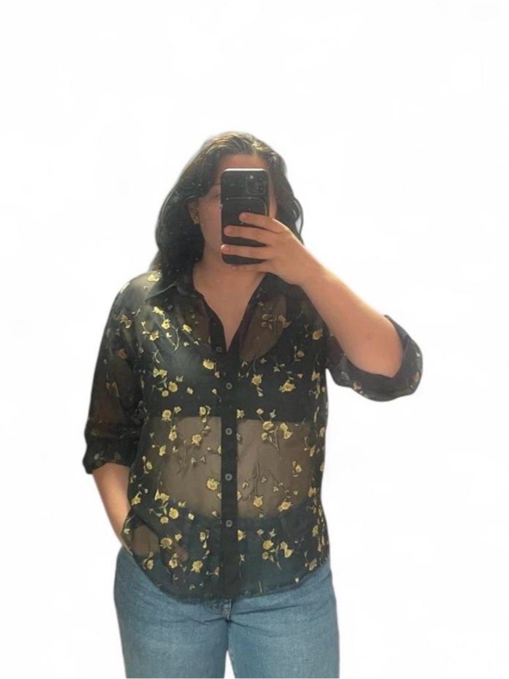 Black floral sheer blouse with gold floral print
